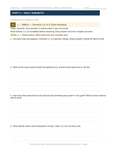 Actual Week 1 workbook, page 9: Bible observations