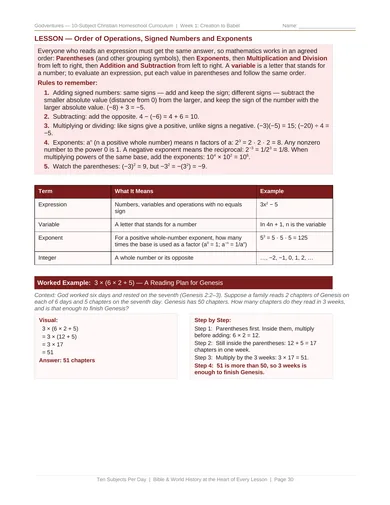 Actual Week 1 workbook, page 30: Math lesson