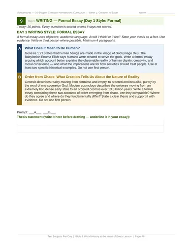 Actual Week 1 workbook, page 46: Writing prompt